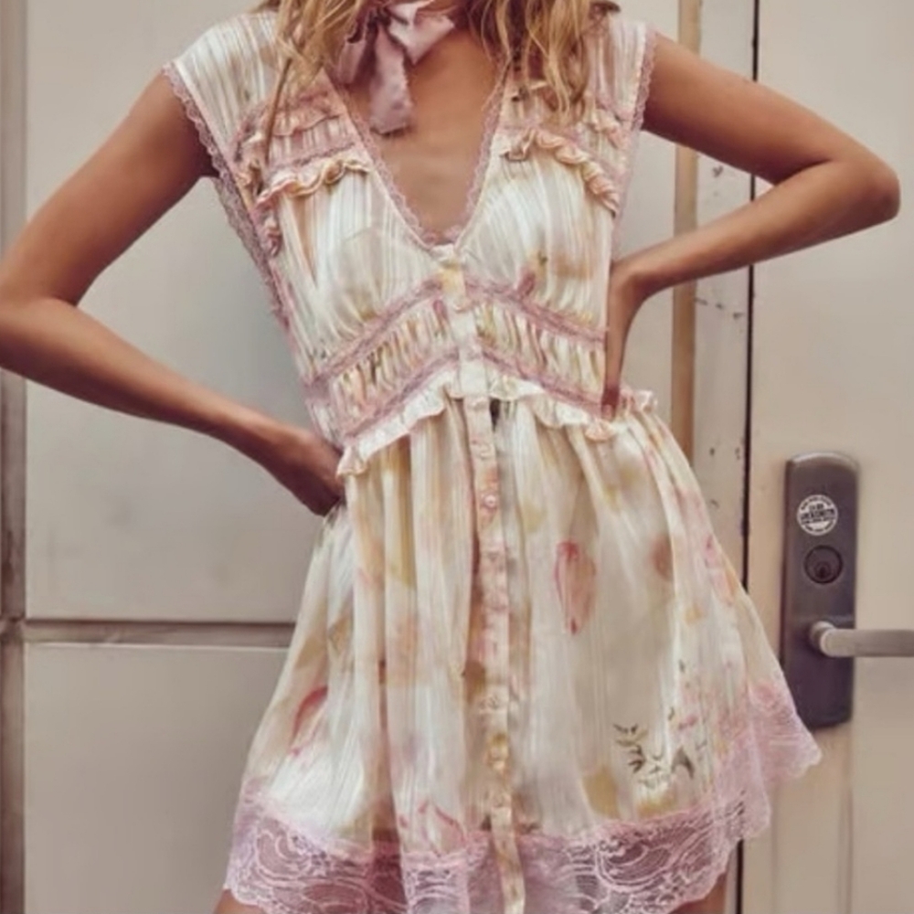 Floral Lace Trim Dress - Pink and Cream